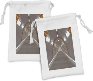 Lunarable Outer Space Fabric Pouch Set of 2, Futuristic Science-Based Building of Spaceflight Utopian Life Inspired Image, Small Drawstring Bag for Toiletries Masks and Favors, 9" x 6", Grey Orange