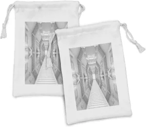 Lunarable Outer Space Fabric Pouch Set of 2, Interior Center Tunnel View of a Space Station Dimensional Tech Sci Fi Theme, Small Drawstring Bag for Toiletries Masks and Favors, 9" x 6", Black White