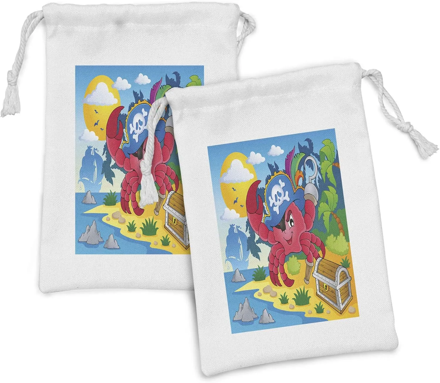 Lunarable Pirate Fabric Pouch Set of 2, Cartoon Crab with Eye Patch Pirate Hat Hook Pegleg Deserted Island Coast Jungle, Small Drawstring Bag for Toiletries Masks and Favors, 9" x 6", Multicolor