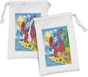 Lunarable Pirate Fabric Pouch Set of 2, Cartoon Crab with Eye Patch Pirate Hat Hook Pegleg Deserted Island Coast Jungle, Small Drawstring Bag for Toiletries Masks and Favors, 9" x 6", Multicolor