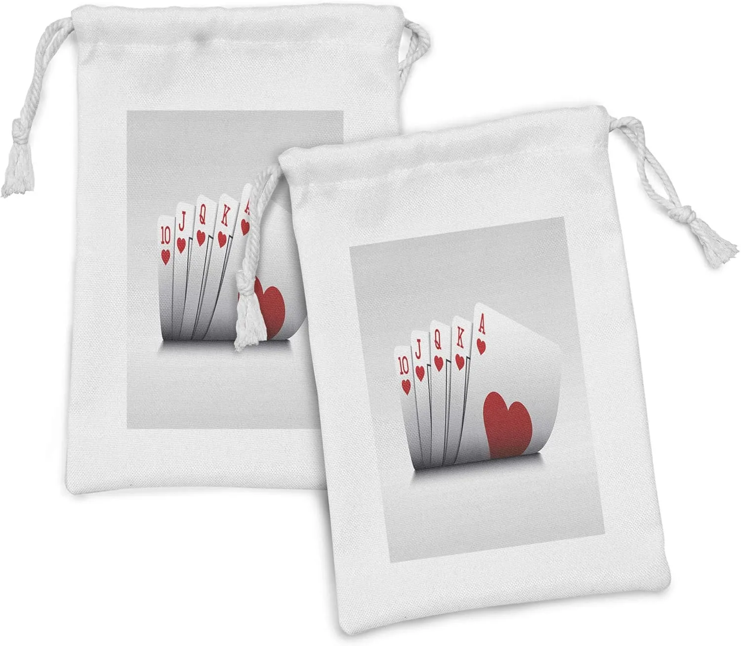Lunarable Poker Tournament Fabric Pouch Set of 2, Royal Flush Playing Poker Cards Hearts Betting Bluff Gambling Winning, Small Drawstring Bag for Toiletries Masks and Favors, 9" x 6", Red and White