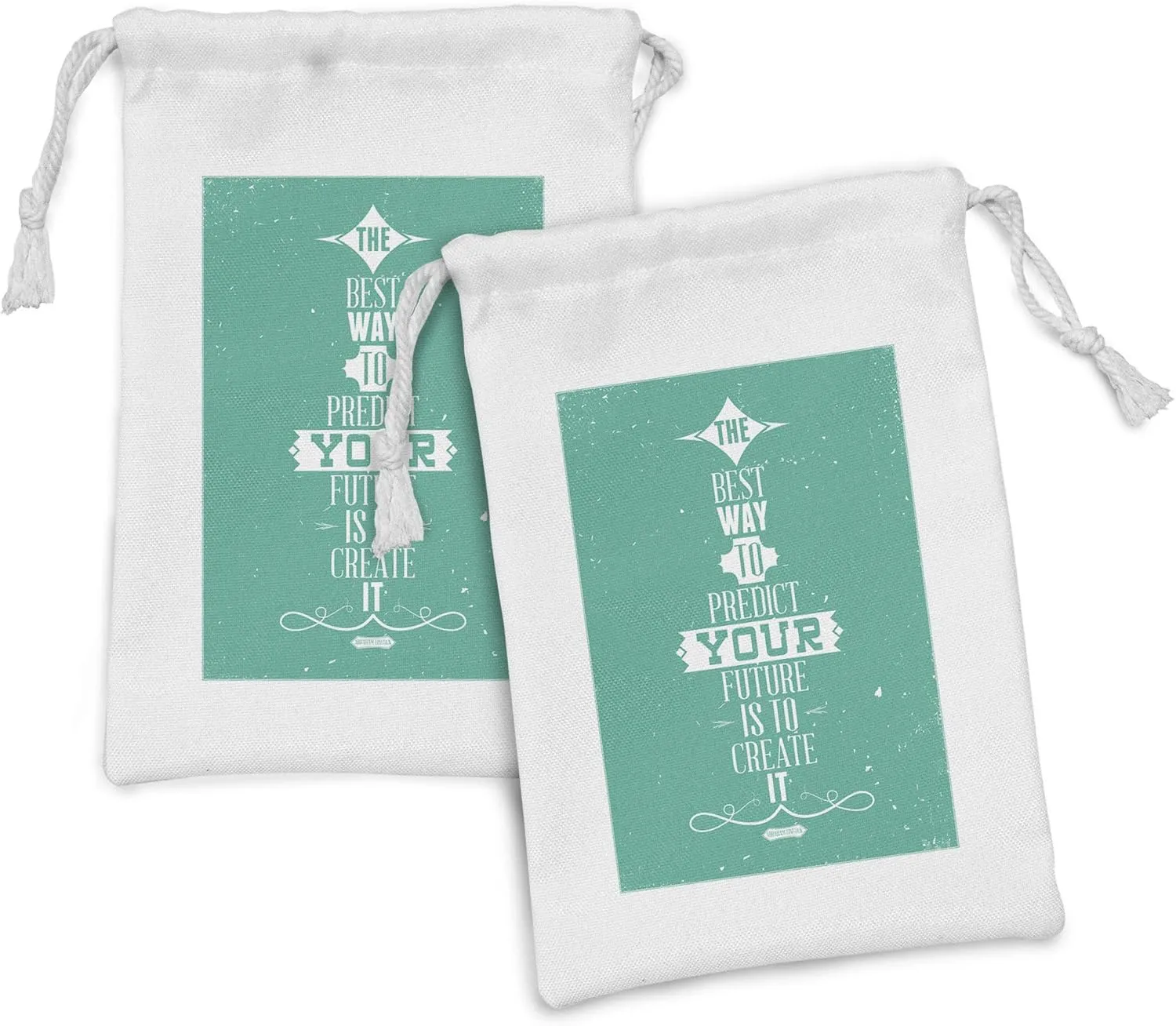 Lunarable Saying Fabric Pouch Set of 2, Best Way to Predict Your Future is to Create It Calligraphy Words, Small Drawstring Bag for Toiletries Masks and Favors, 9" x 6", Turquoise