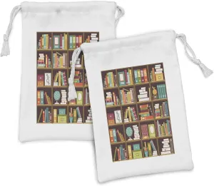 Lunarable Science Fabric Pouch Set of 2, Books on Box Formed Bookshelves Volume Encyclopedia and Stationery Elements, Small Drawstring Bag for Toiletries Masks and Favors, 9" x 6", Multicolor