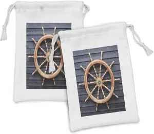 Lunarable Ships Wheel Fabric Pouch Set of 2, Old Trawler Steering Wheel Hardwood Timber Wall Control Captain, Small Drawstring Bag for Toiletries Masks and Favors, 9" x 6", Charcoal Grey Sand Brown