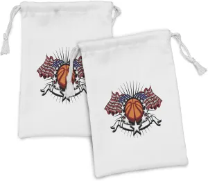 Lunarable Sports Fabric Pouch Set of 2, Basketball with American Flags and Stars Banner Radial Stripes Championship Victory, Small Drawstring Bag for Toiletries Masks and Favors, 9" x 6", Multicolor