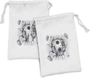 Lunarable Sports Fabric Pouch Set of 2, Soccer Ball and Old Plaster Wall Damage Destruction Punching Illustration, Small Drawstring Bag for Toiletries Masks and Favors, 9" x 6", White Grey Black