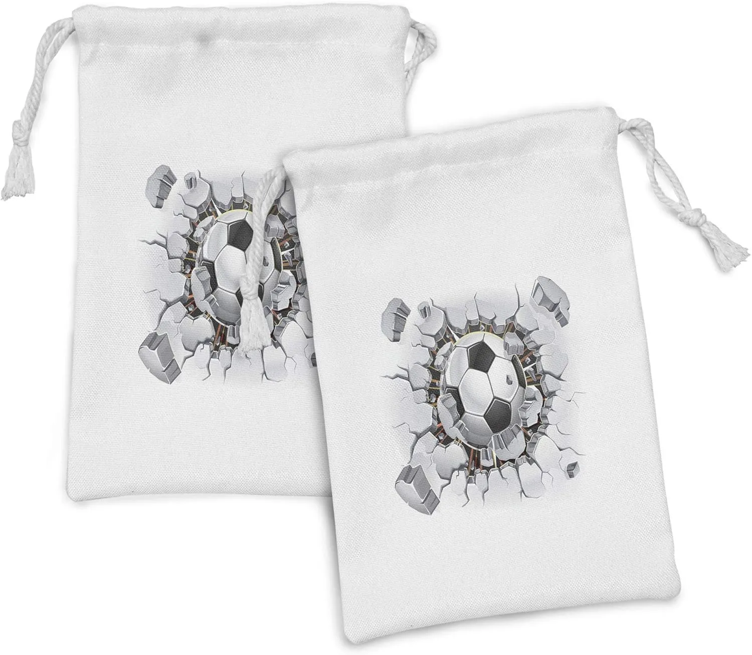 Lunarable Sports Fabric Pouch Set of 2, Soccer Ball and Old Plaster Wall Damage Destruction Punching Illustration, Small Drawstring Bag for Toiletries Masks and Favors, 9" x 6", White Grey Black