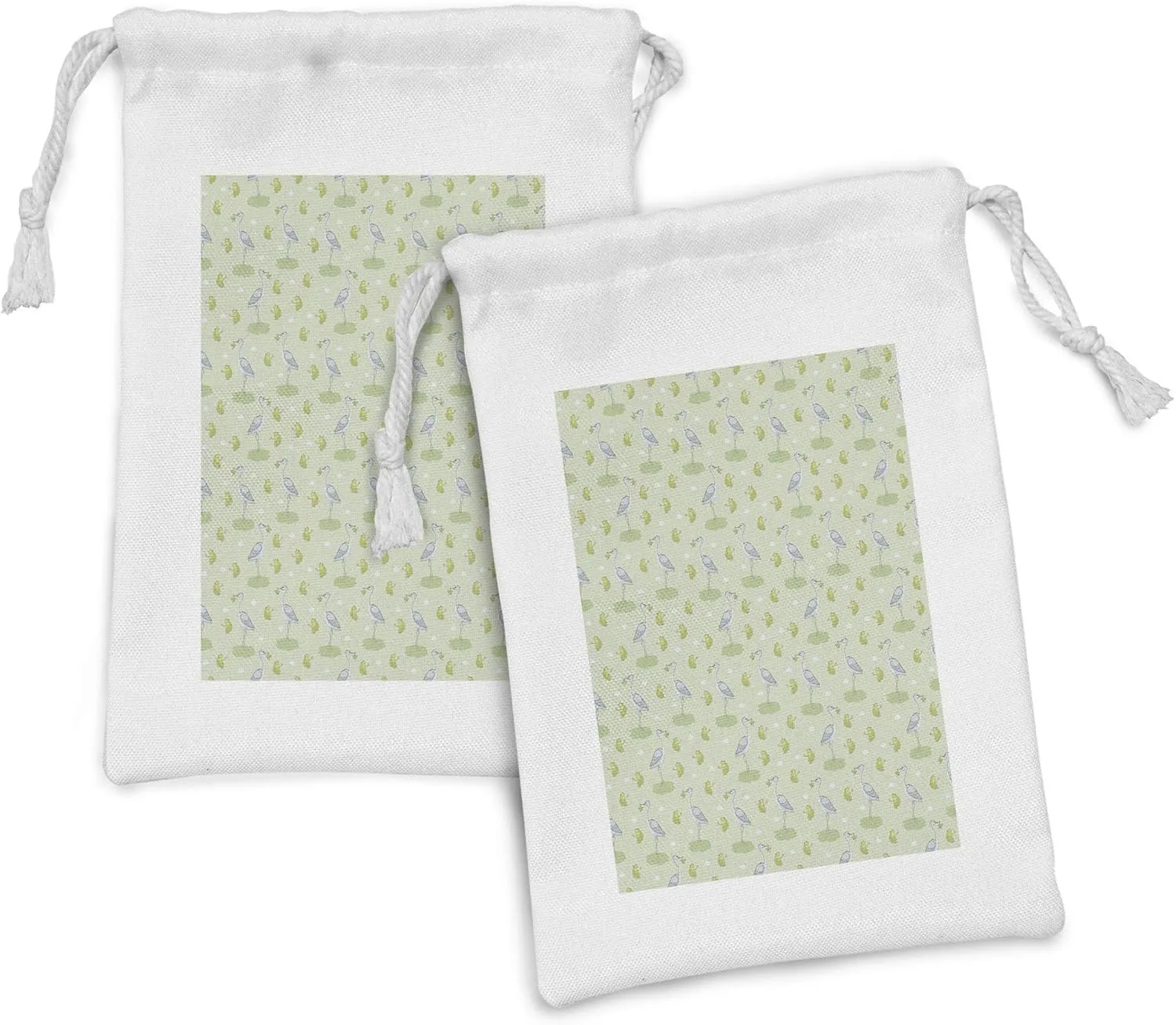 Lunarable Swamp Fabric Pouch Set of 2, Heron with Green Frog in Beak Lake with Lotus Flowers Nature, Small Drawstring Bag for Toiletries Masks and Favors, 9" x 6", Pale Green Pale Blue