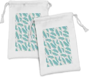 Lunarable Turquoise Fabric Pouch Set of 2, Feathers Classic Illustration Minimal Look Inspired Wild Boho Ornament, Small Drawstring Bag for Toiletries Masks and Favors, 9" x 6", Turquoise Eggshell