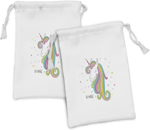 Lunarable Unicorn Fabric Pouch Set of 2, Colorful Animal Horn Character Rainbow Mane on Star Filled Background, Small Drawstring Bag for Toiletries Masks and Favors, 9" x 6", Multicolor