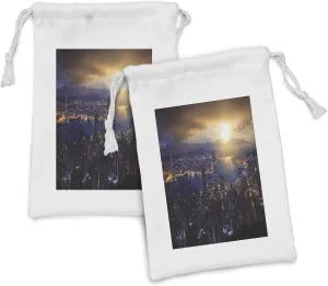 Lunarable Urban Fabric Pouch Set of 2, Aerial Skyline of Night Victoria Peak Hong Kong City Skyscrapers Metropolis Image, Small Drawstring Bag for Toiletries Masks and Favors, 9" x 6", Blue Yellow