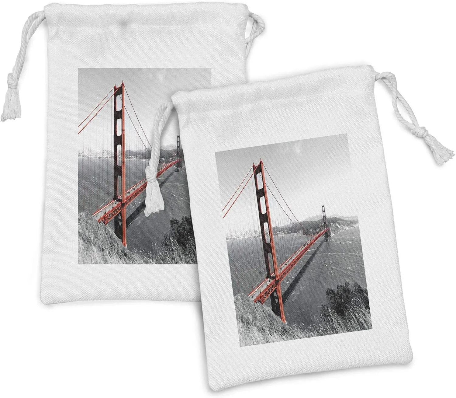 Lunarable USA Fabric Pouch Set of 2, Golden Gate Bridge Civil Engineering History Monochromatic Travel Destinations View Print, Small Drawstring Bag for Toiletries Masks and Favors, 9" x 6", Grey Red