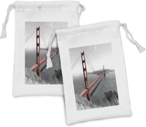 Lunarable USA Fabric Pouch Set of 2, Golden Gate Bridge Civil Engineering History Monochromatic Travel Destinations View Print, Small Drawstring Bag for Toiletries Masks and Favors, 9" x 6", Grey Red