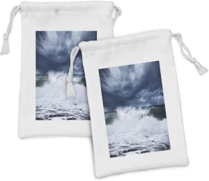 Lunarable Wave Fabric Pouch Set of 2, Thunderstorm and Lightning on Beach Cloudy Rainy Sky Powerful Tide Cold Dramatic, Small Drawstring Bag for Toiletries Masks and Favors, 9" x 6", Dark Blue White