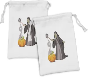 Lunarable Witch Fabric Pouch Set of 2, Old Spooky Woman Casts a Spell over a Pumpkin Powers Horror Holiday, Small Drawstring Bag for Toiletries Masks and Favors, 9" x 6", Dimgrey Orange Green
