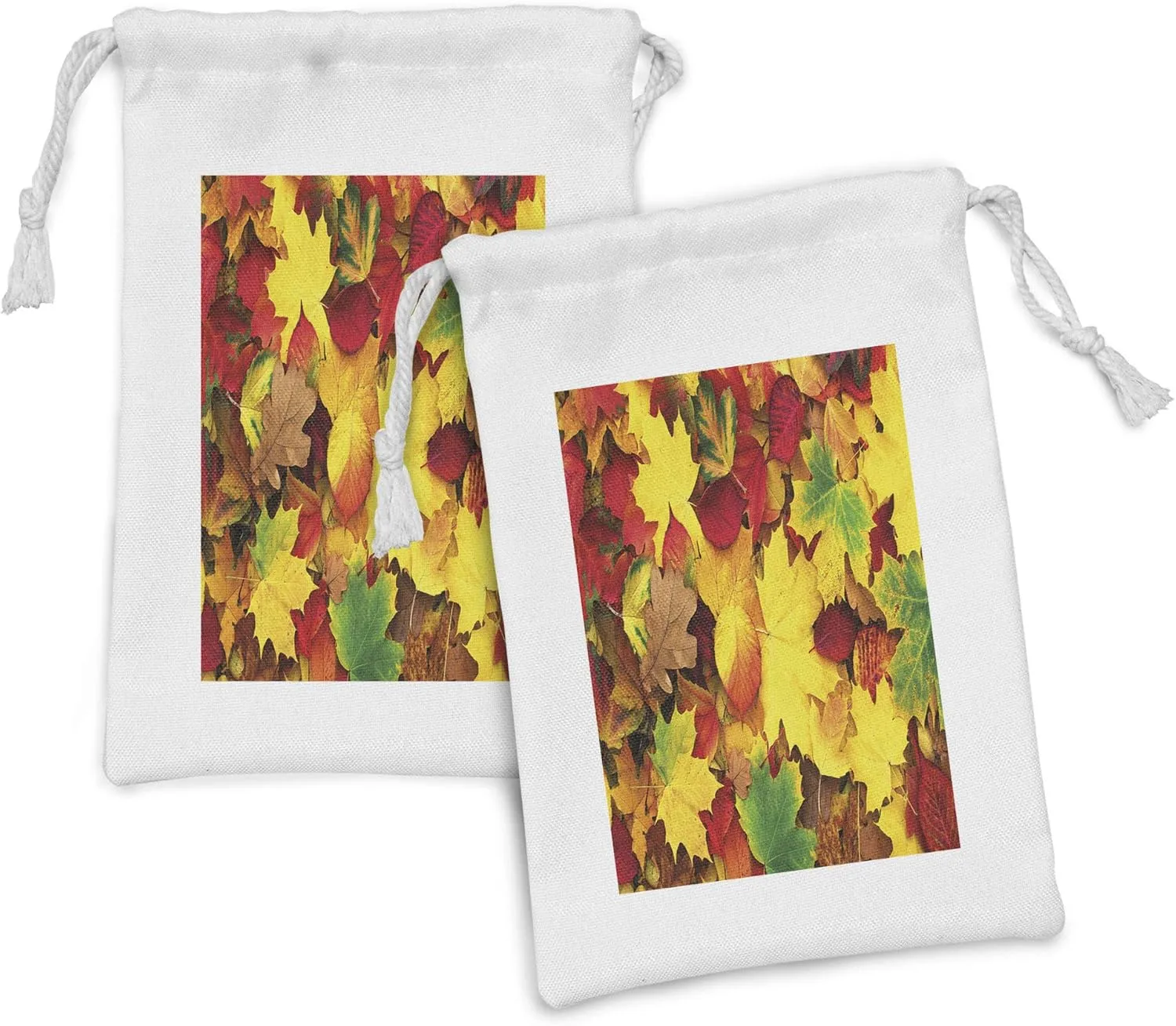 Lunarable Yellow and Brown Fabric Pouch Set of 2, Shady Fall Leaves Faded Trees Autumn Nature Dramatic Seasonal Image, Small Drawstring Bag for Toiletries Masks and Favors, 9" x 6", Red Fern Green