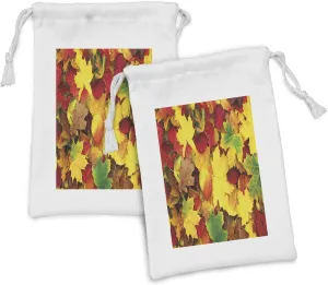 Lunarable Yellow and Brown Fabric Pouch Set of 2, Shady Fall Leaves Faded Trees Autumn Nature Dramatic Seasonal Image, Small Drawstring Bag for Toiletries Masks and Favors, 9" x 6", Red Fern Green