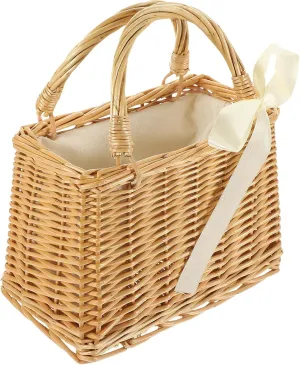 Luxshiny Handwoven Wicker Handbag - Rattan Woven Bag Straw Bags with Bow, Rectangular Basket Purse, Boho Style Beach Bag Basket, 9.04x5.11x6.29in