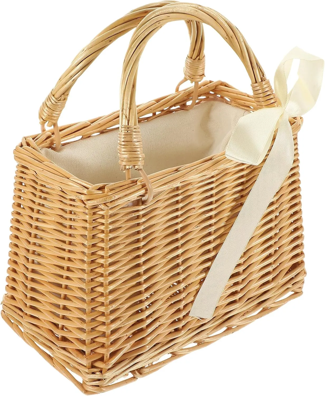 Luxshiny Handwoven Wicker Handbag - Rattan Woven Bag Straw Bags with Bow, Rectangular Basket Purse, Boho Style Beach Bag Basket, 9.04x5.11x6.29in