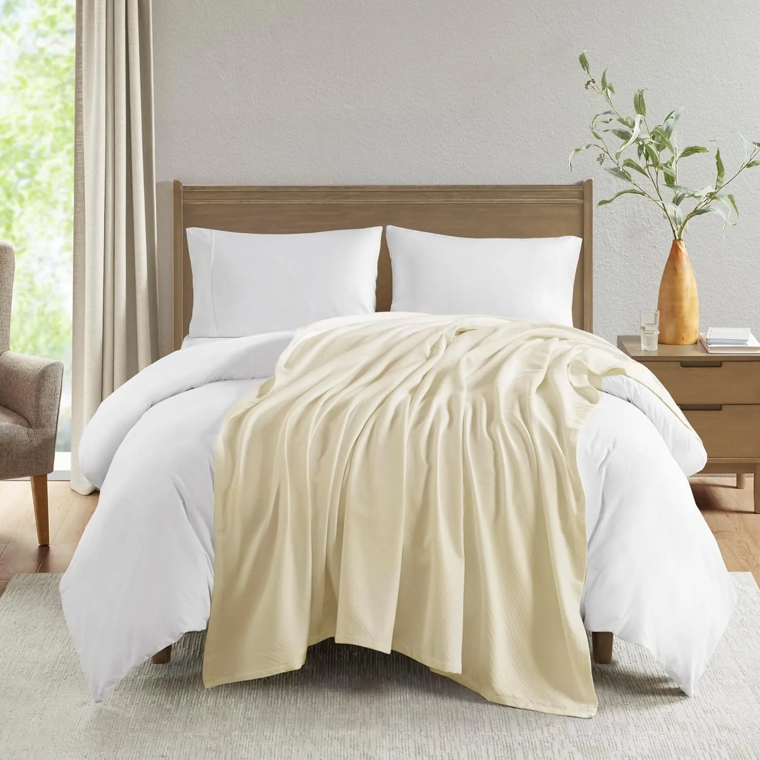 Madison Park Liquid Cotton Luxury Blanket Premium Soft Cozy 100% Ring Spun Cotton For Bed , Couch or Sofa, Twin, Ivory