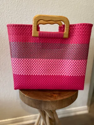 Magenta Wood-Handled Woven Tote