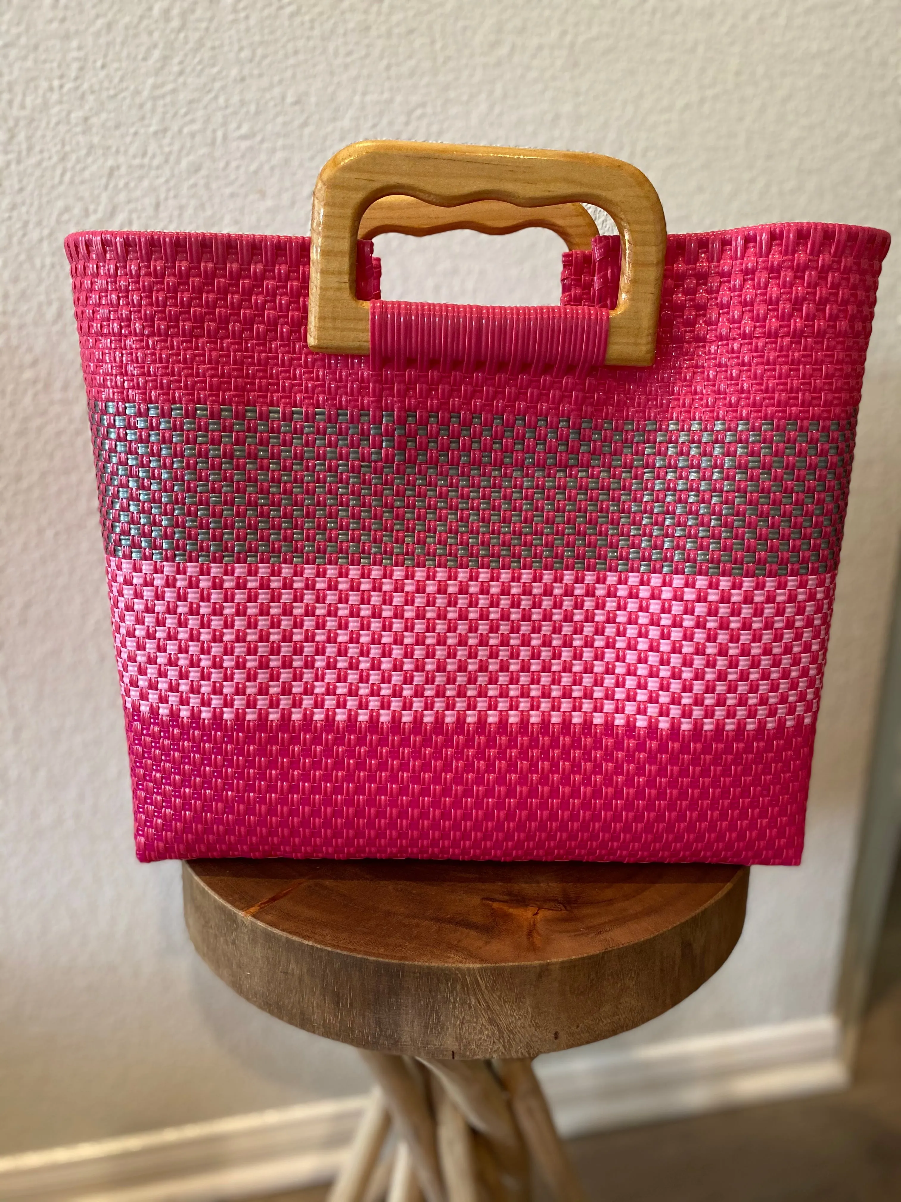 Magenta Wood-Handled Woven Tote