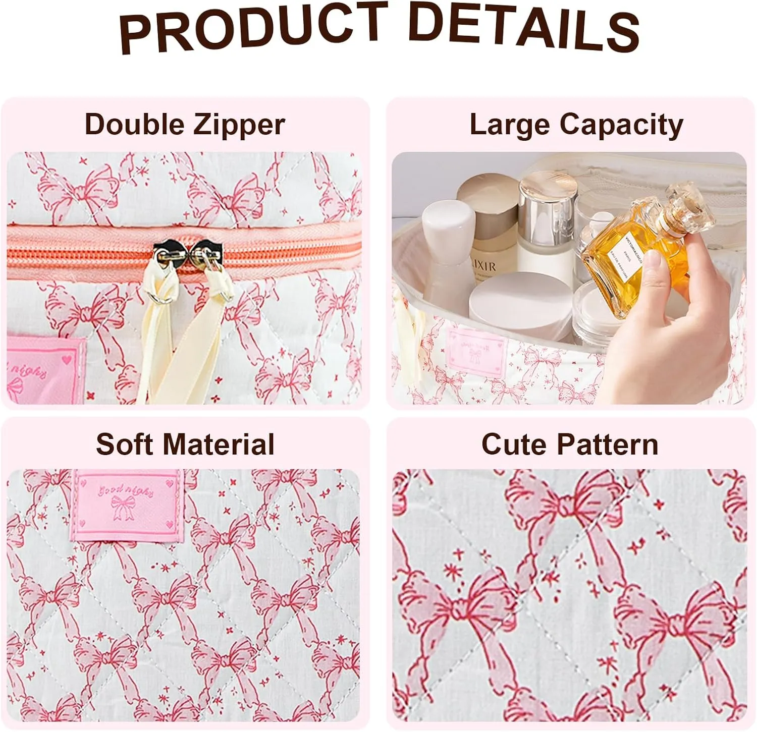 Makeup Bag, 3PC Quilted Makeup Bag Set Cotton Aesthetic Travel Large Cute Cosmetic Toiletry Bag for Women Girls