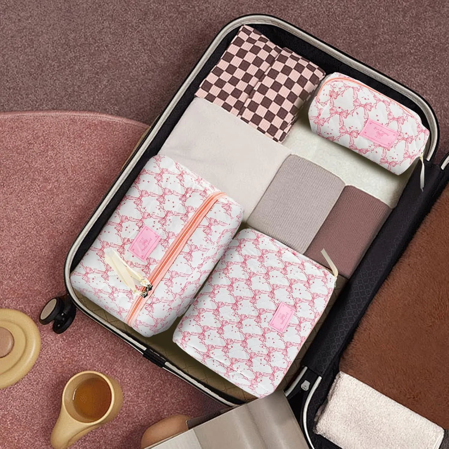 Makeup Bag, 3PC Quilted Makeup Bag Set Cotton Aesthetic Travel Large Cute Cosmetic Toiletry Bag for Women Girls
