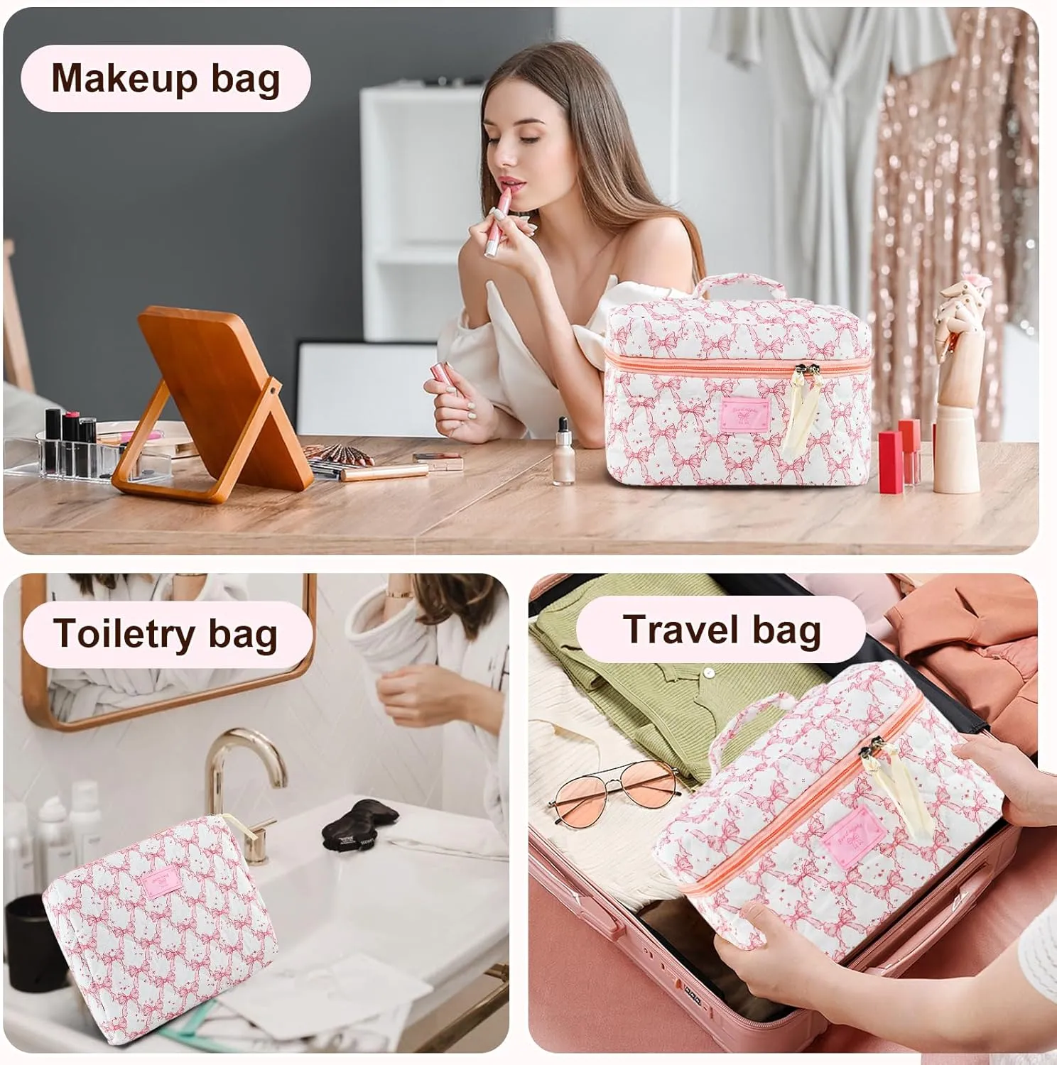 Makeup Bag, 3PC Quilted Makeup Bag Set Cotton Aesthetic Travel Large Cute Cosmetic Toiletry Bag for Women Girls