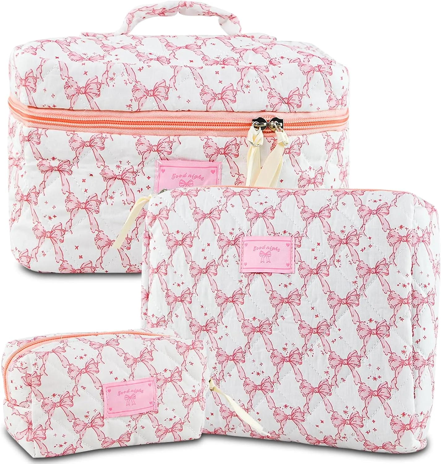 Makeup Bag, 3PC Quilted Makeup Bag Set Cotton Aesthetic Travel Large Cute Cosmetic Toiletry Bag for Women Girls