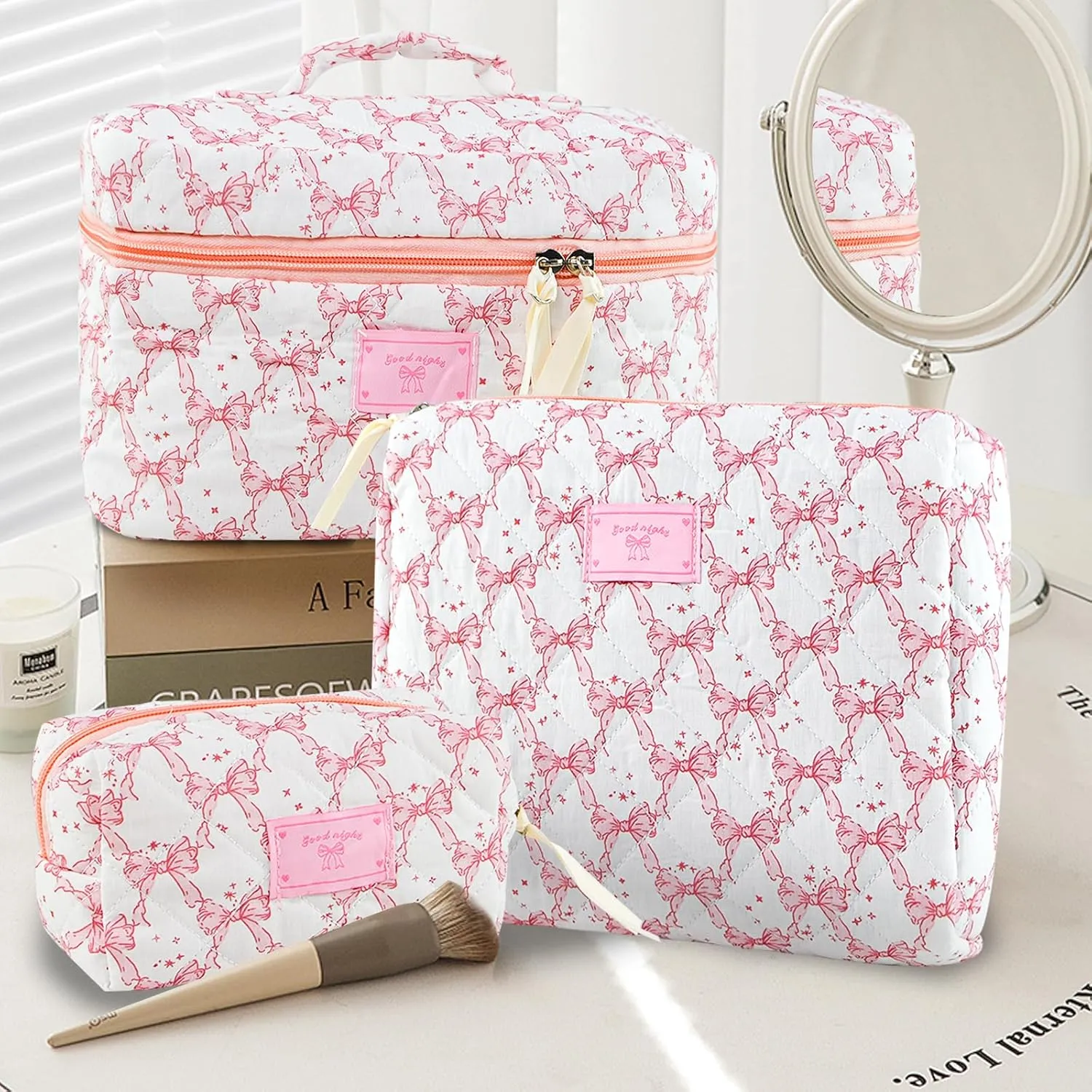 Makeup Bag, 3PC Quilted Makeup Bag Set Cotton Aesthetic Travel Large Cute Cosmetic Toiletry Bag for Women Girls