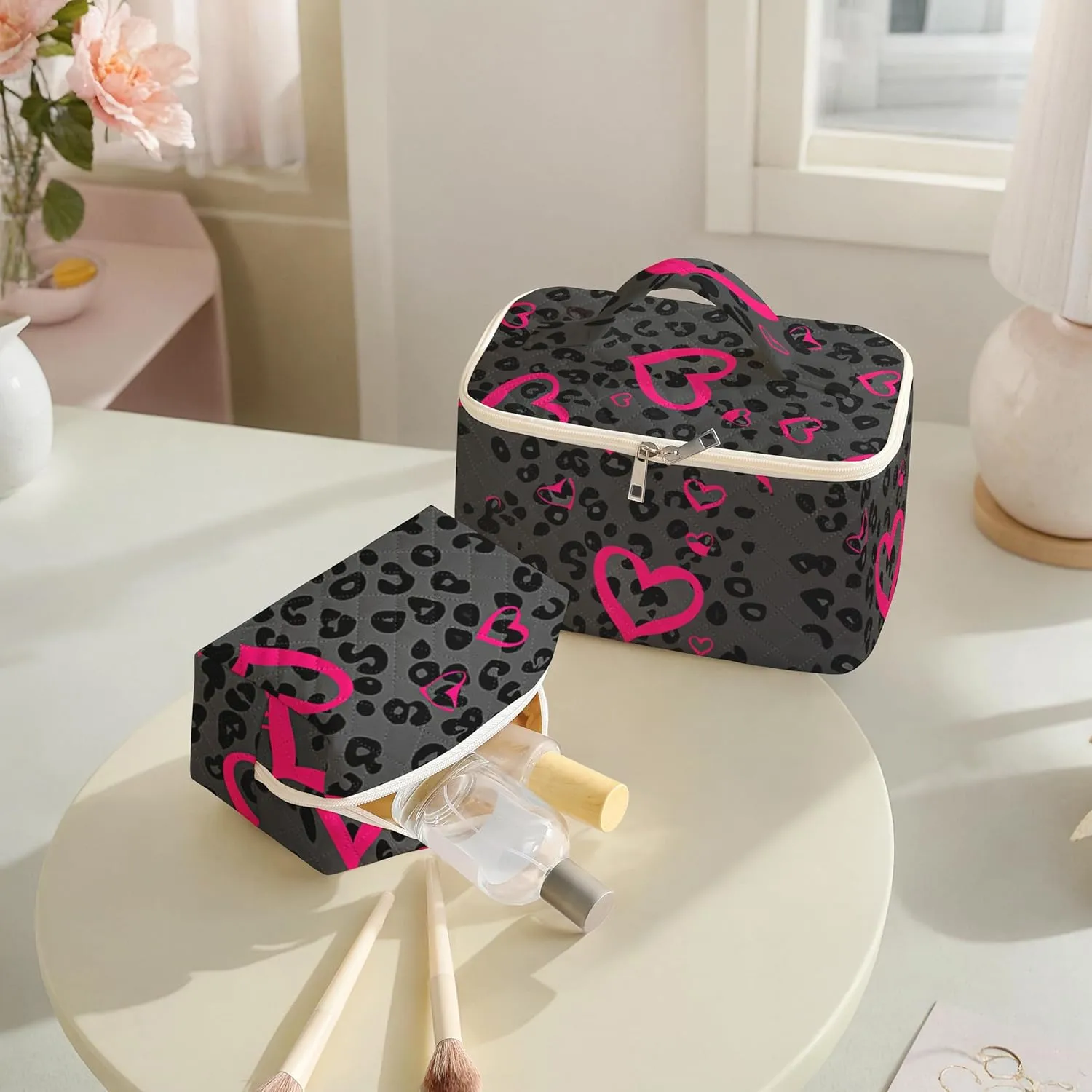 Makeup Bag For Women,Travel Toiletry Organizer,Cute Quilted Cotton Cosmetic Pouch,Portable Make Up Bags For Friendship Gift 2Pack