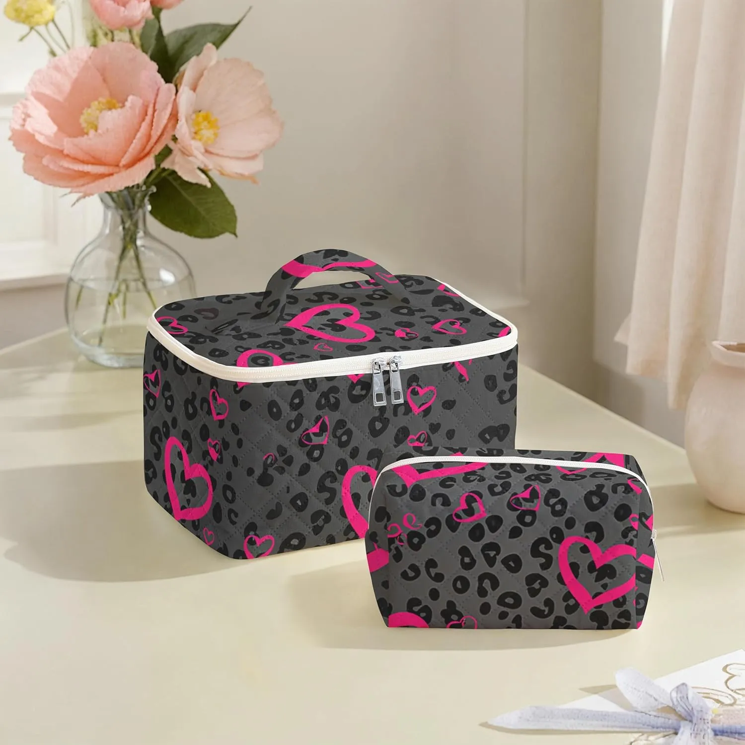 Makeup Bag For Women,Travel Toiletry Organizer,Cute Quilted Cotton Cosmetic Pouch,Portable Make Up Bags For Friendship Gift 2Pack