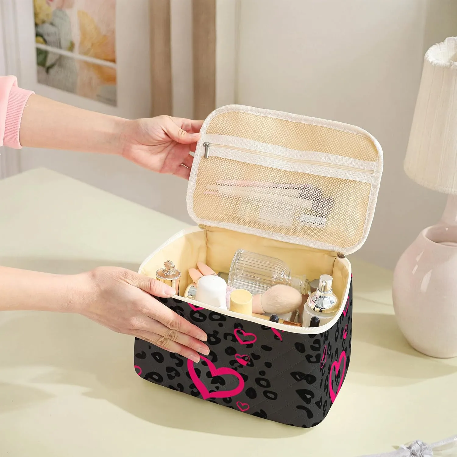 Makeup Bag For Women,Travel Toiletry Organizer,Cute Quilted Cotton Cosmetic Pouch,Portable Make Up Bags For Friendship Gift 2Pack