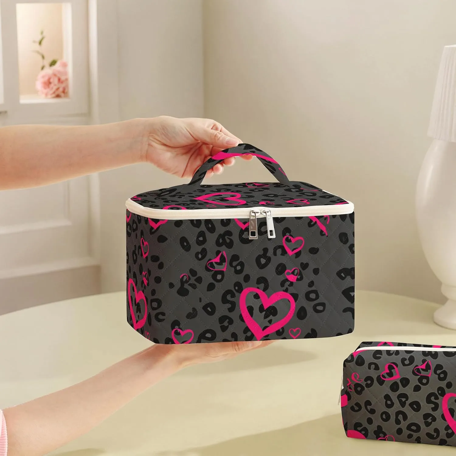 Makeup Bag For Women,Travel Toiletry Organizer,Cute Quilted Cotton Cosmetic Pouch,Portable Make Up Bags For Friendship Gift 2Pack