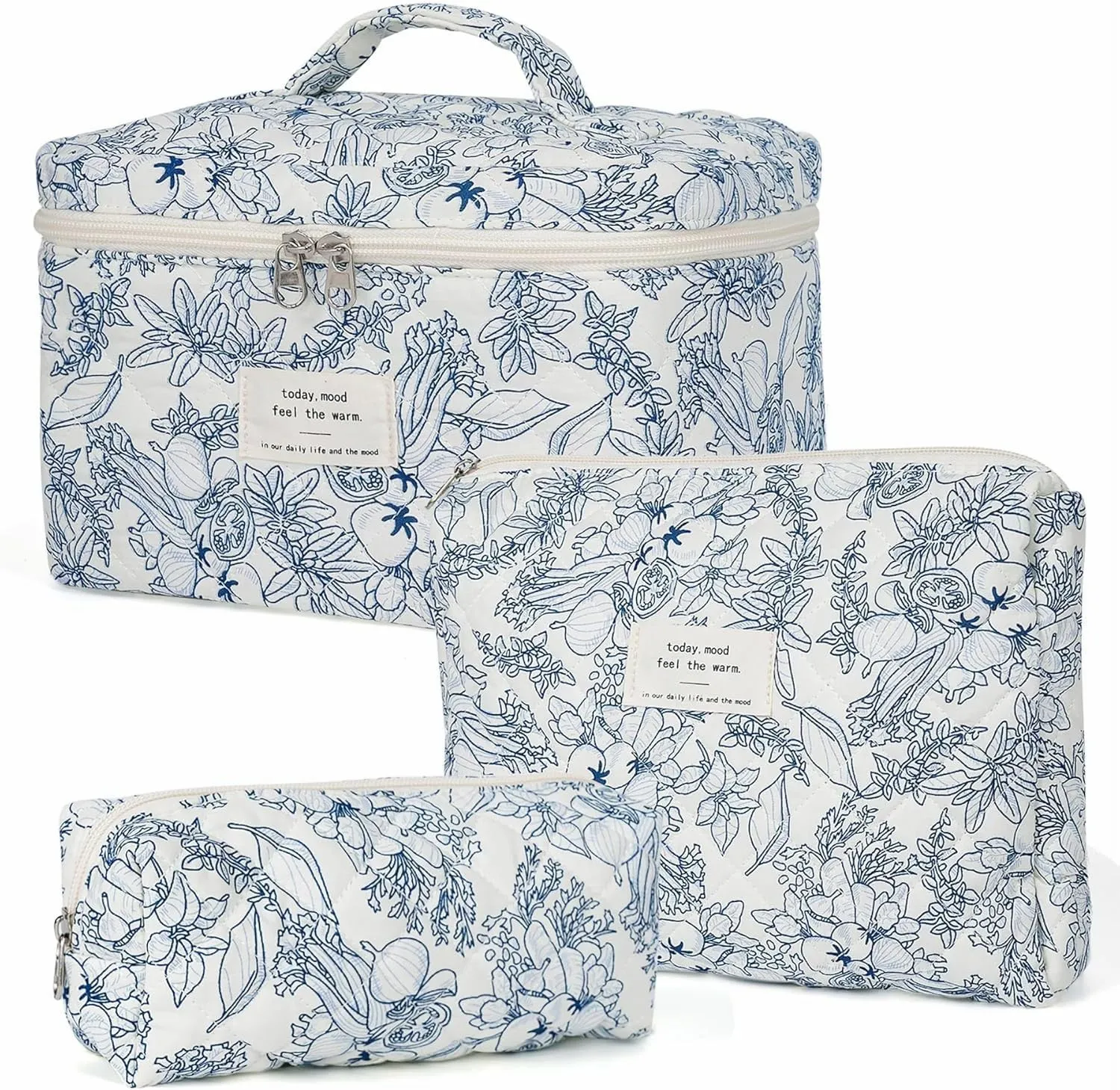 Makeup Bag Set, Cute Floral Toiletries Storage Bag, Suitable for Women's Travel Large Quilted Makeup Bags (Deep Blue Flower)