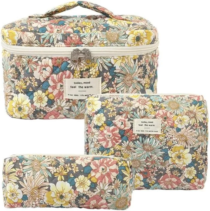 Makeup Bag Set, Cute Floral Toiletries Storage Bag, Suitable for Women's Travel Large Quilted Makeup Bags (Nanzhi Flower)