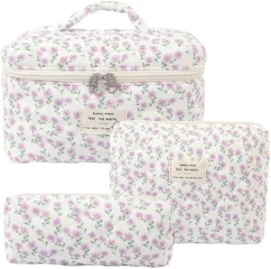 Makeup Bag Set, Cute Floral Toiletries Storage Bag, Suitable for Women's Travel Large Quilted Makeup Bags (Purple Peacock Flower)