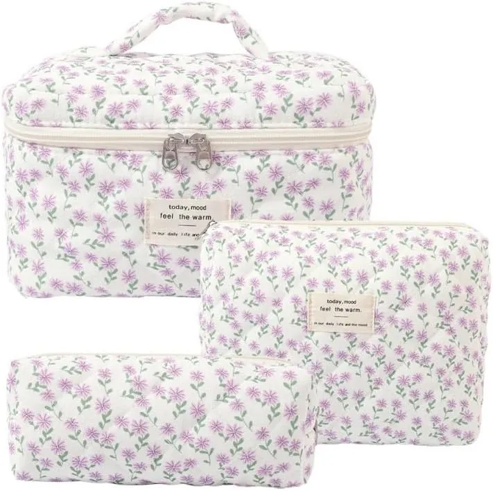 Makeup Bag Set, Cute Floral Toiletries Storage Bag, Suitable for Women's Travel Large Quilted Makeup Bags (Purple Peacock Flower)