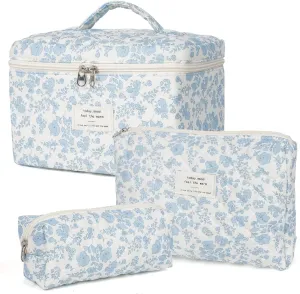 Makeup Bag Set, Cute Floral Toiletries Storage Bag, Suitable for Women's Travel Large Quilted Makeup Bags (White background orchid)