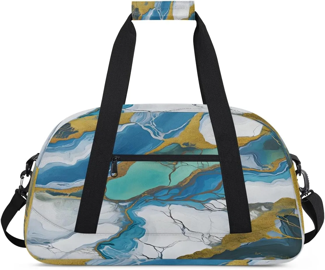 Marble Green Gold White Kids Overnighter Duffel Bags for Boys, Carry-On Size Sports Gym Bag with Front Zipper Pocket for School Practice or Overnight Travel Weekender Sleepover Tote Bag