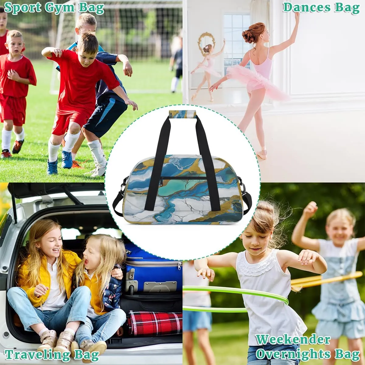 Marble Green Gold White Kids Overnighter Duffel Bags for Boys, Carry-On Size Sports Gym Bag with Front Zipper Pocket for School Practice or Overnight Travel Weekender Sleepover Tote Bag