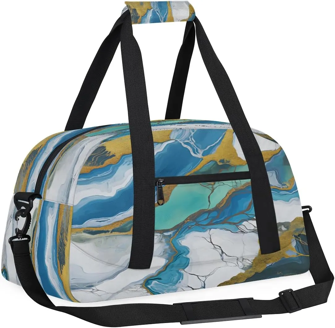 Marble Green Gold White Kids Overnighter Duffel Bags for Boys, Carry-On Size Sports Gym Bag with Front Zipper Pocket for School Practice or Overnight Travel Weekender Sleepover Tote Bag