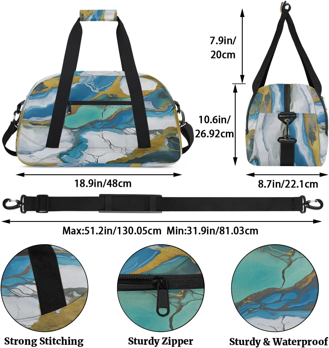 Marble Green Gold White Kids Overnighter Duffel Bags for Boys, Carry-On Size Sports Gym Bag with Front Zipper Pocket for School Practice or Overnight Travel Weekender Sleepover Tote Bag