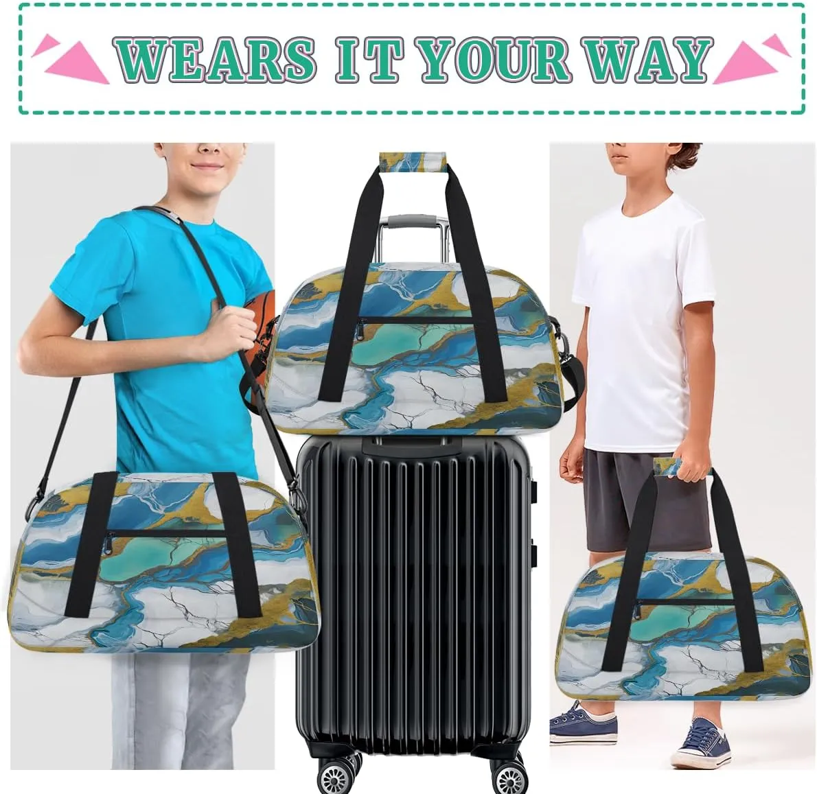 Marble Green Gold White Kids Overnighter Duffel Bags for Boys, Carry-On Size Sports Gym Bag with Front Zipper Pocket for School Practice or Overnight Travel Weekender Sleepover Tote Bag