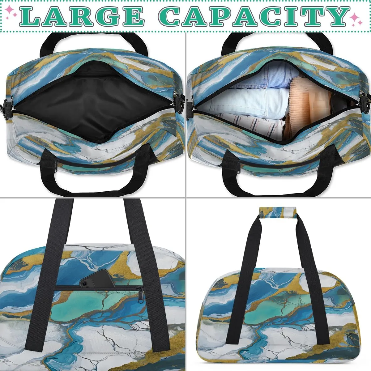 Marble Green Gold White Kids Overnighter Duffel Bags for Boys, Carry-On Size Sports Gym Bag with Front Zipper Pocket for School Practice or Overnight Travel Weekender Sleepover Tote Bag
