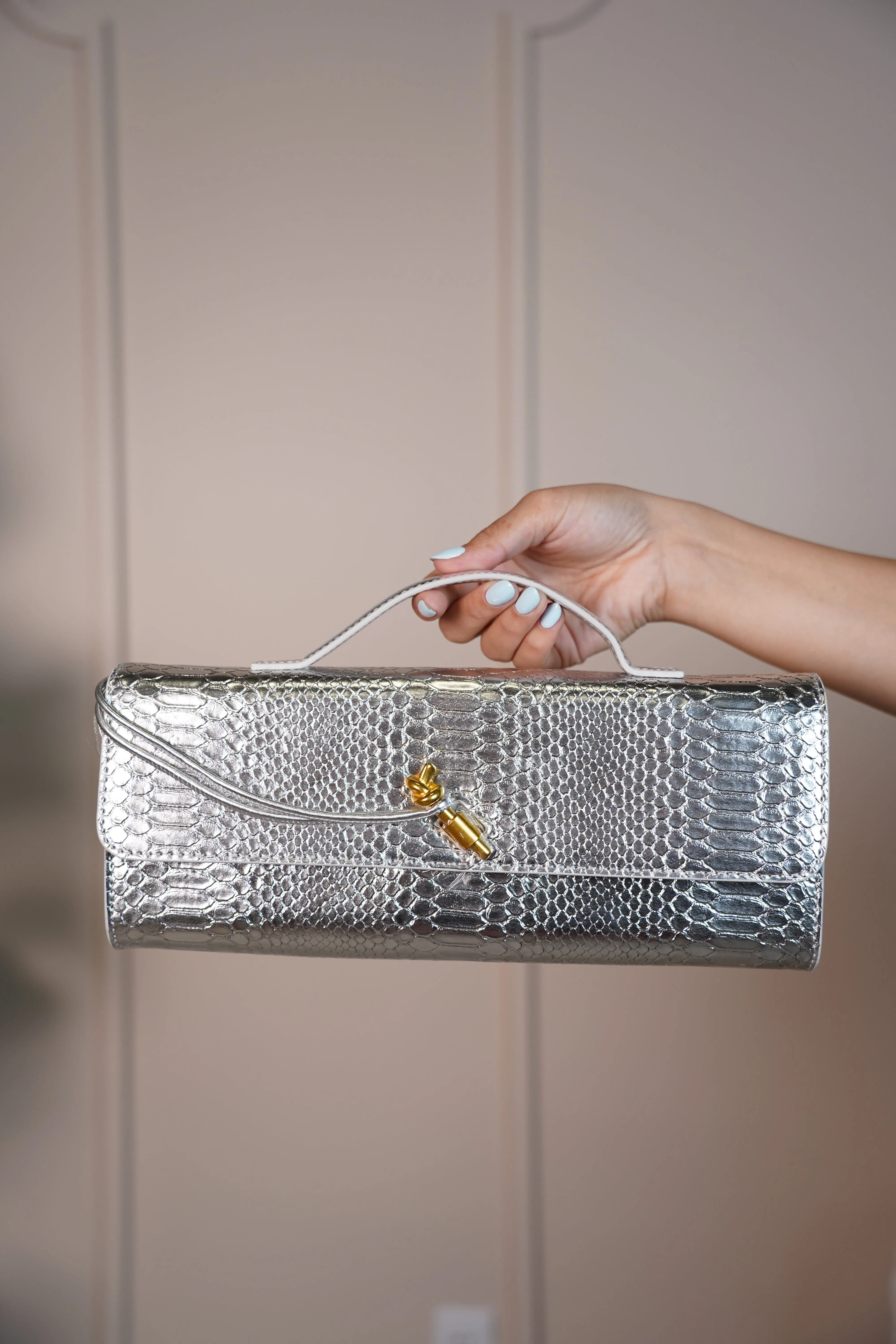 MariaElene Metallic Snake-Embossed Clutch – Structured Handle Bag in 6 Colors