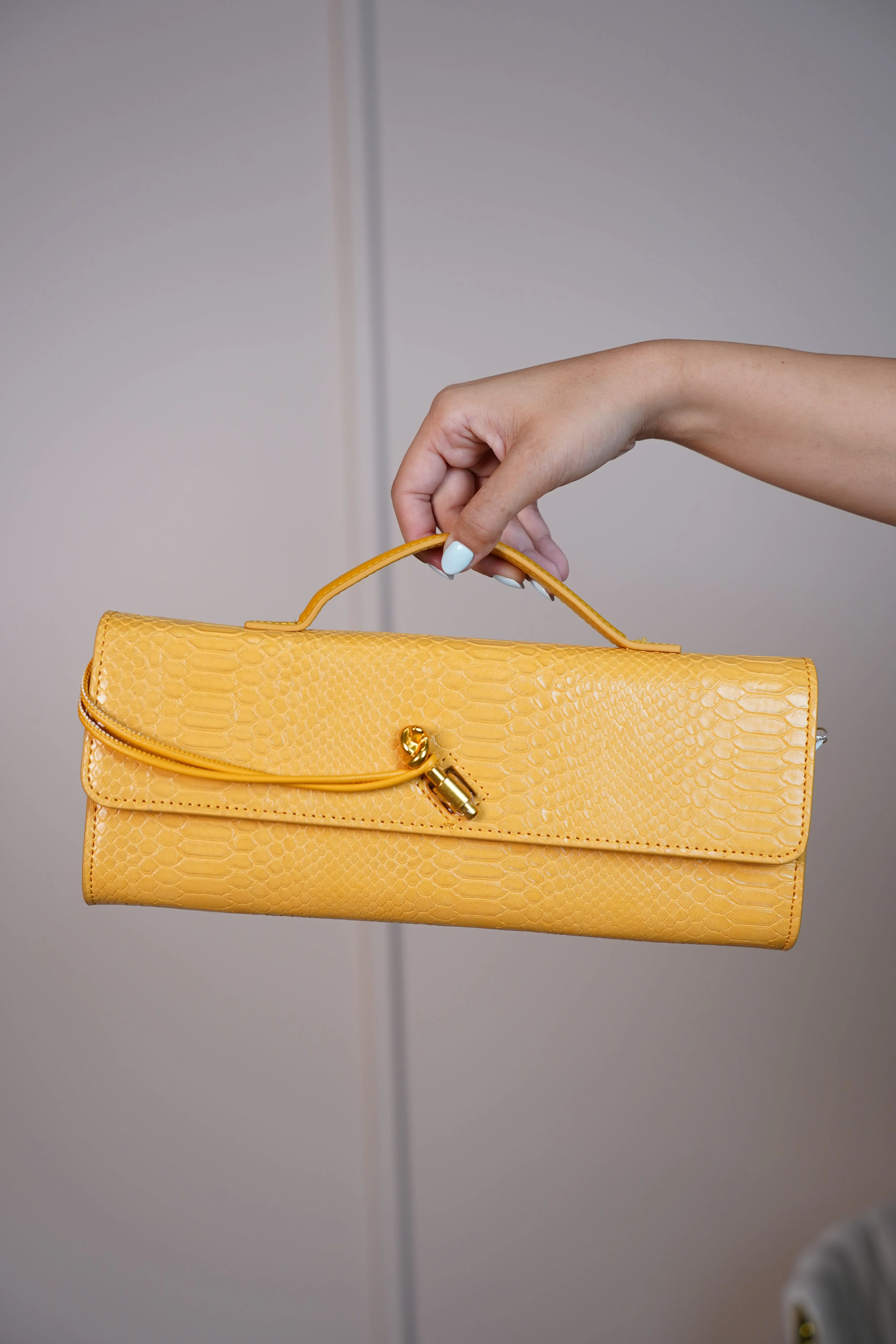 MariaElene Metallic Snake-Embossed Clutch – Structured Handle Bag in 6 Colors