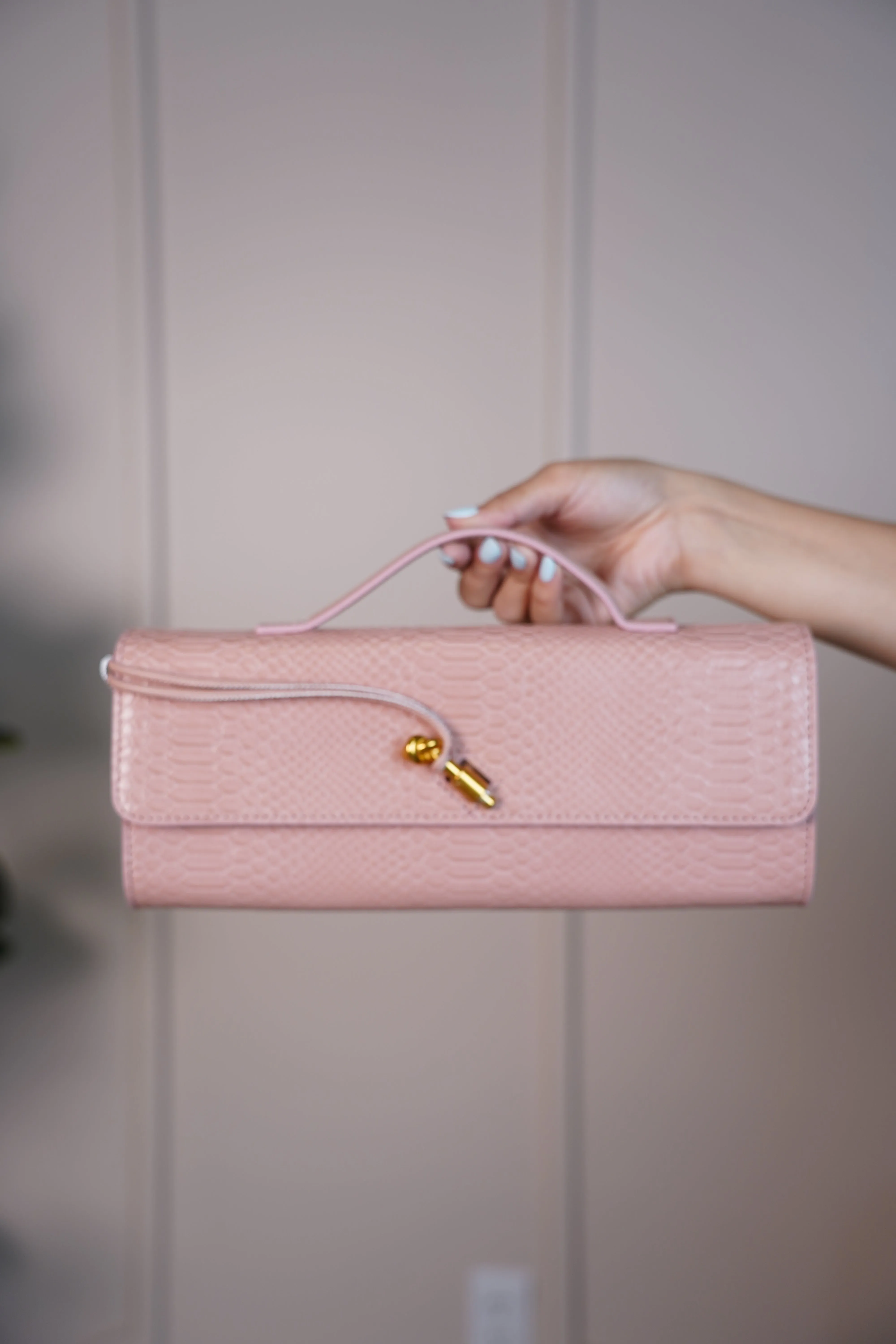 MariaElene Metallic Snake-Embossed Clutch – Structured Handle Bag in 6 Colors