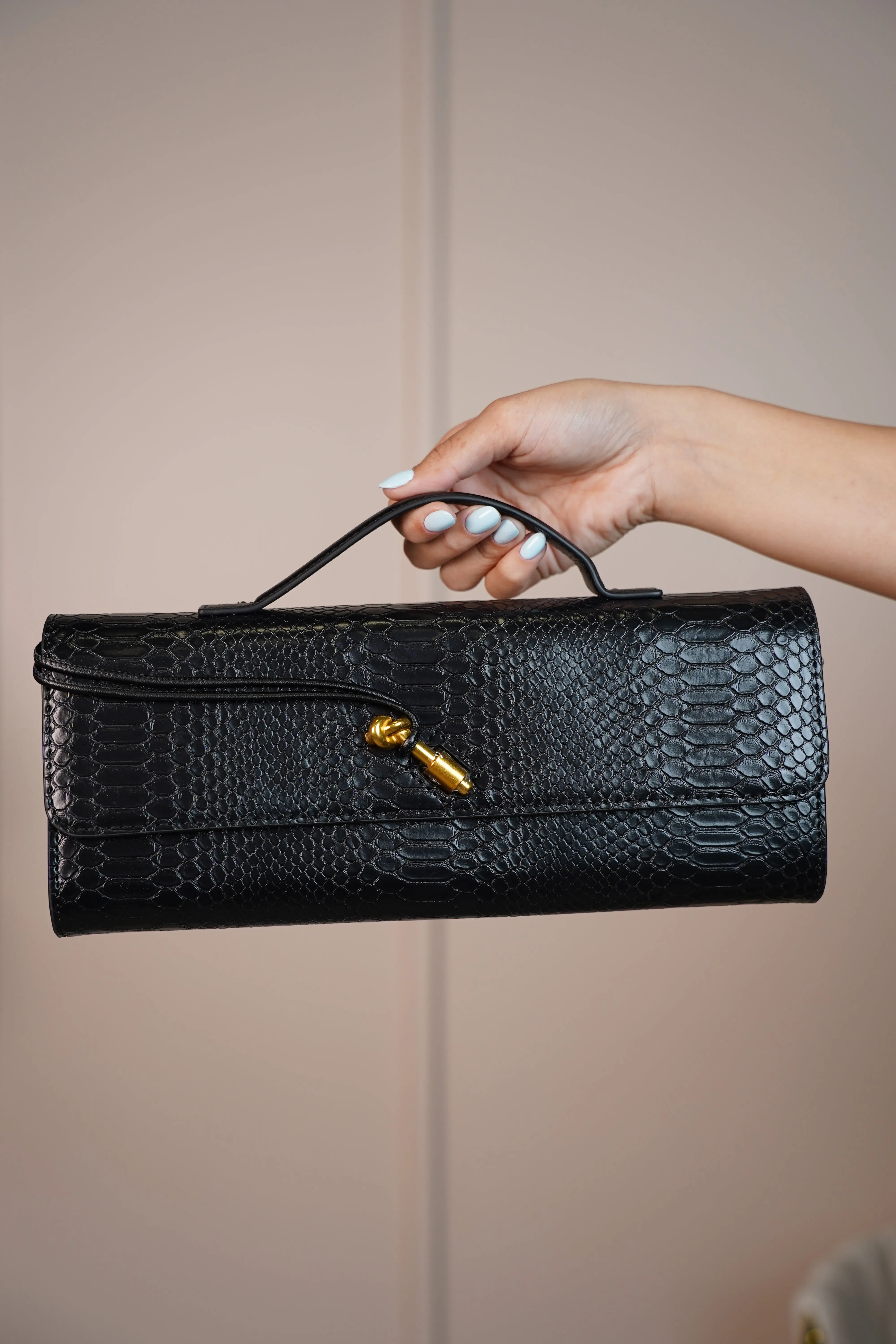 MariaElene Metallic Snake-Embossed Clutch – Structured Handle Bag in 6 Colors